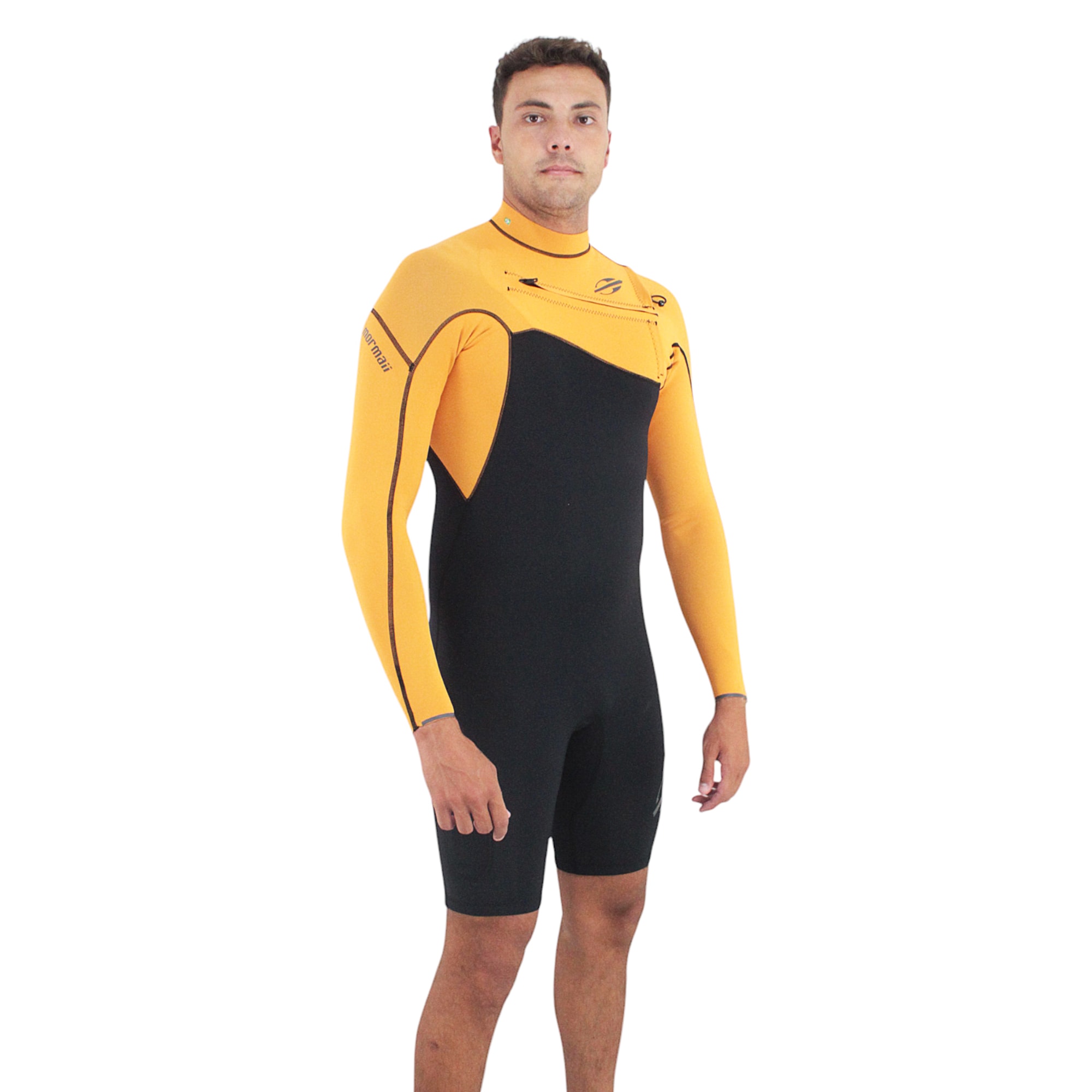 Short John Mormaii Flexxxa Pro 1mm Manga Longa Chest Zip Preto Laranja