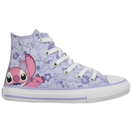 Tênis Converse Chuck Taylor All Star Hi Infantil Disney Stitch Azul Gelo Lilás Violeta Branco