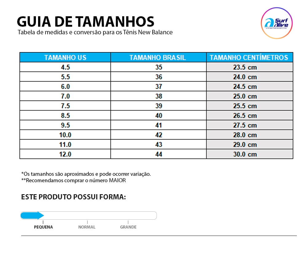 Tabela de medidas Tênis New Balance